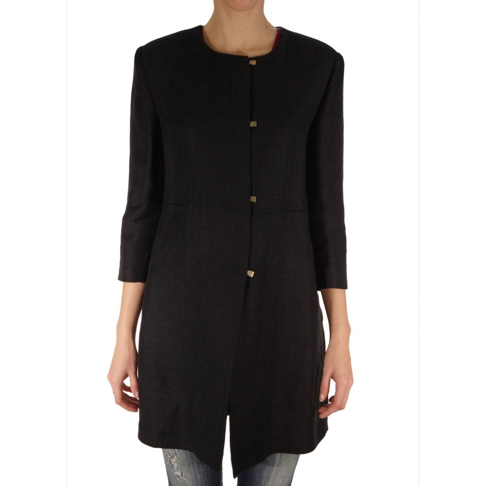 Les Copains Black Linen Blend Collarless Longline Jacket Made in Italy 40 Sz 4